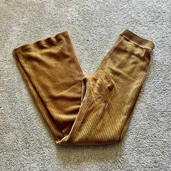 Aerie Groove On Sizs S Tan/Brown Velour Ribbed Flare Pants Pull On Bell Bottom - Picture 3 of 4